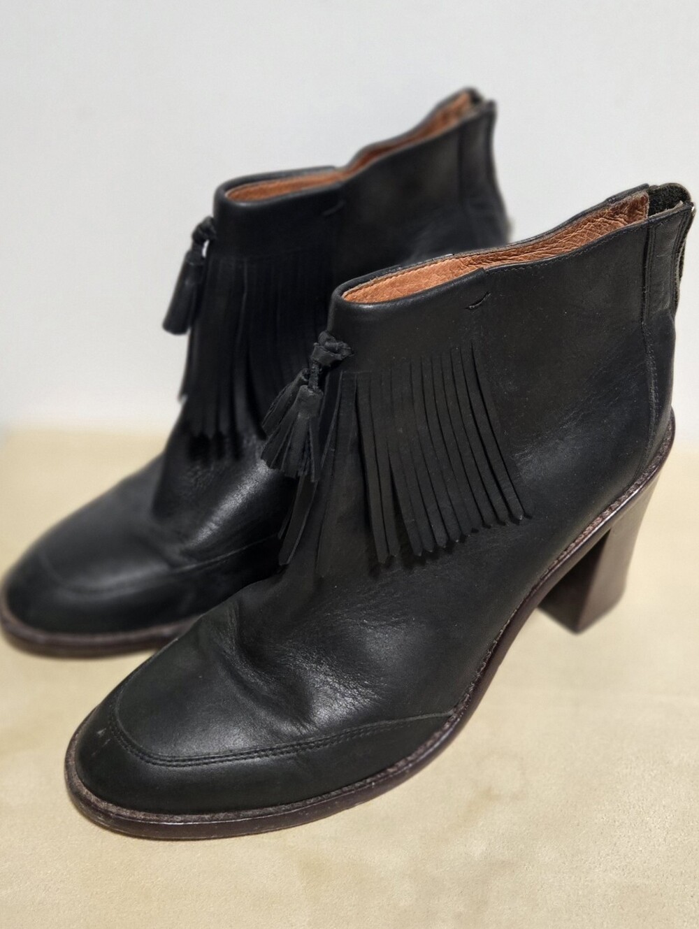 Madewell Adi Fringe Leather Ankle Black Booties / Boots Womens Size 10 Brasil